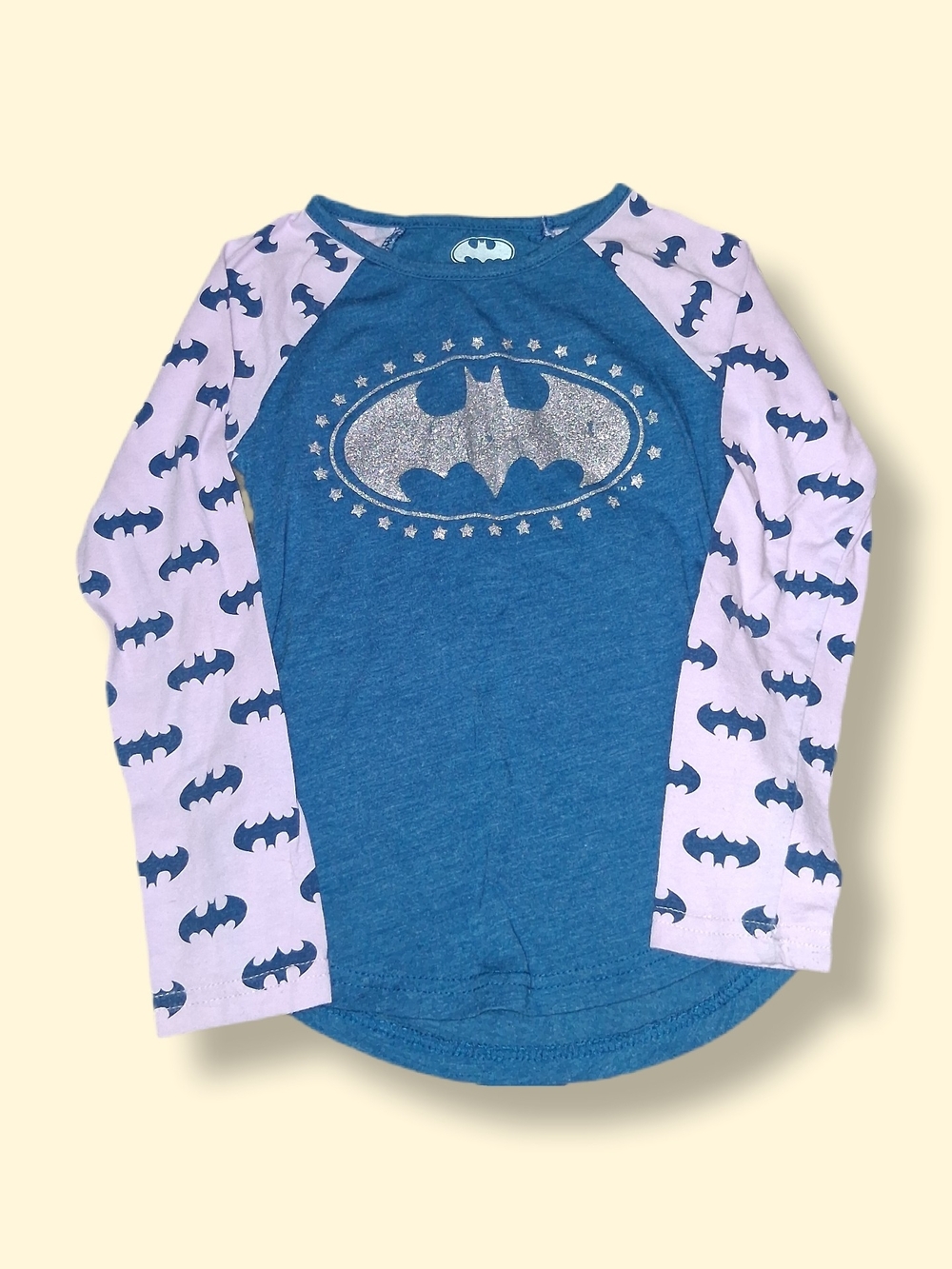 Batman Girls Blue Body with Light Pink Bat-Print Sleeve Long Sleeve Tee